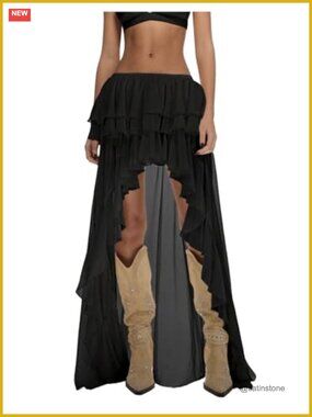Ruffle Chiffon Maxi Skirt Elastic Waist Asymmetrical High-Low Boho Y2K Cowgirl